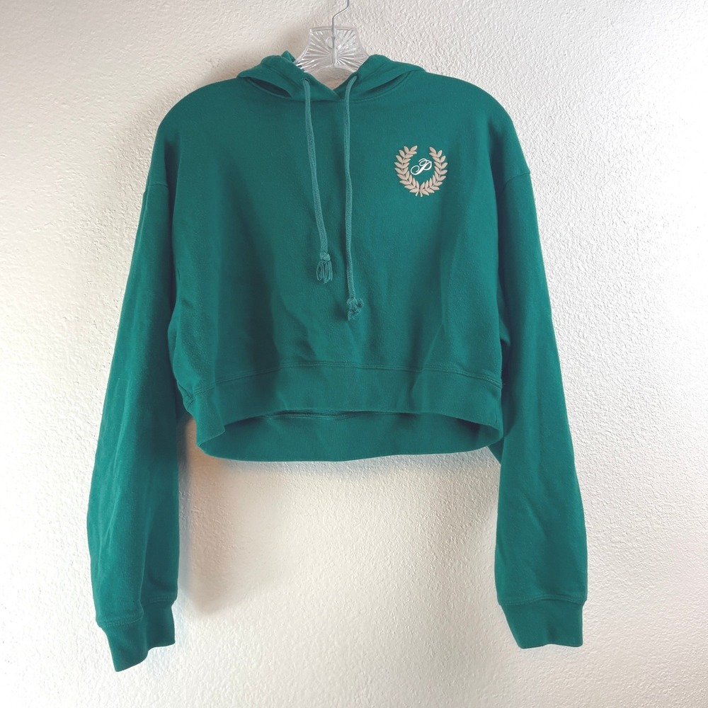 PINK Victoria's Secret Womens Emerald Green Cropped Crest Logo Hoodie Medium